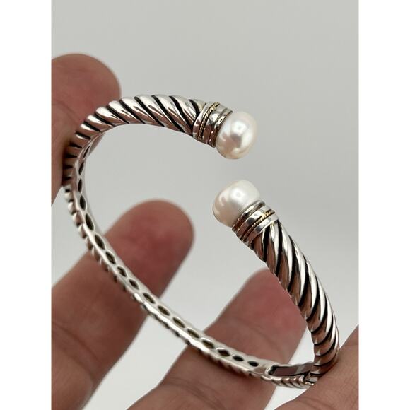 EFFY Sterling Silver 18k Yellow Gold Twisted Pearl Hinged Cuff Bracelet - Picture 14 of 16